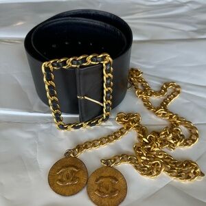 Black Leather Wide Belt with Gold Chain Buckle and Gold Pendant Chain